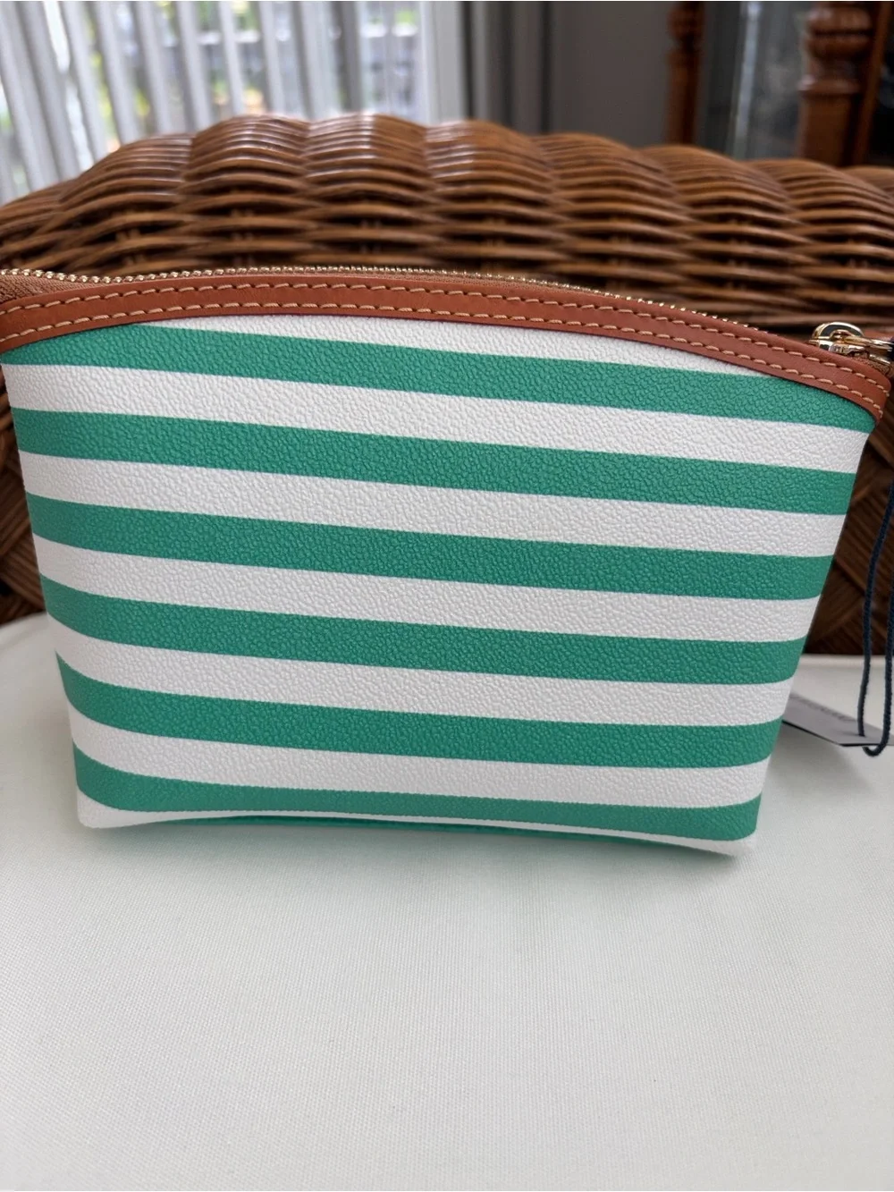 NWT - Dooney & Bourke Seafoam Striped Leather-Trim Cosmetic Pouch